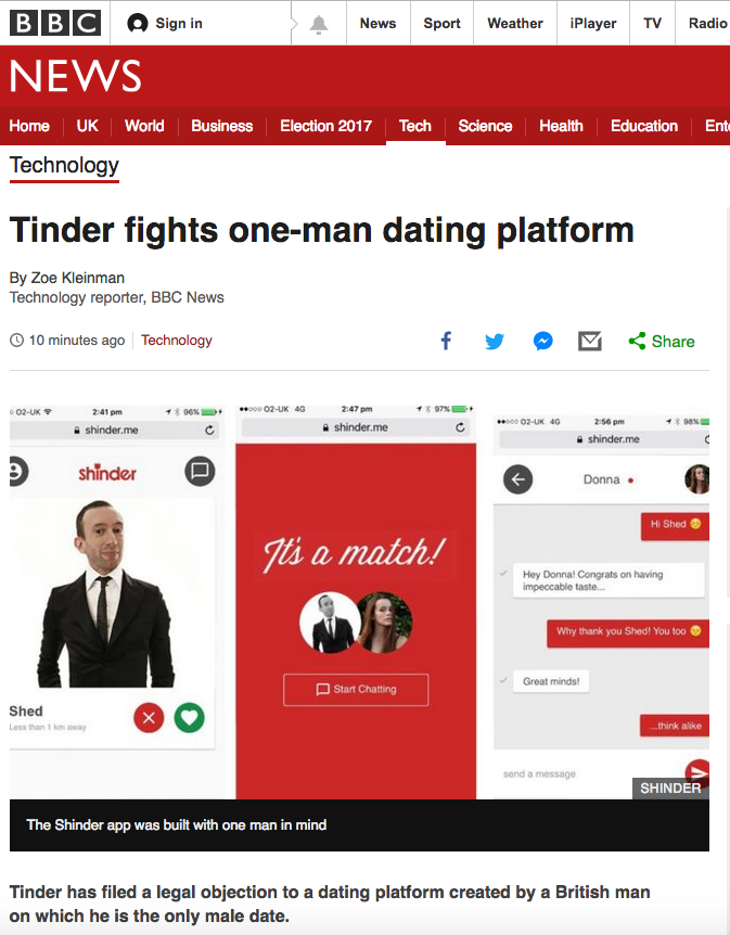 BBC News article Shinder one man dating platform